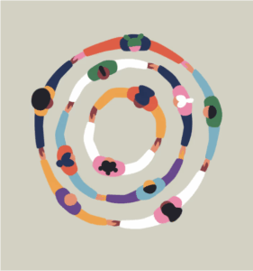 group of individuals holding hands in three concentric circles